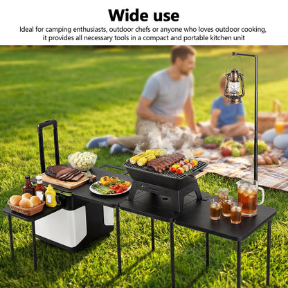 Outdoor Grill Cart Table with Wheels Portable Folding Camp Cook Station with Light Poles for Picnic Party Beach BBQ Cooking Indoor
