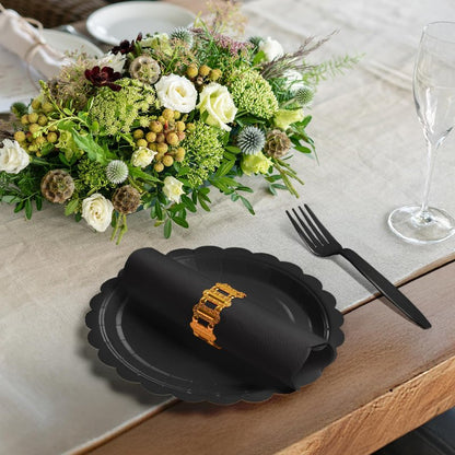 Tyzarglef 105PCS Paper Plates and Napkins Set,7 Inch Scalloped Disposable Tableware with Forks for Birthdays, Garden Parties & Outdoor Events,Serves 35 (Black)