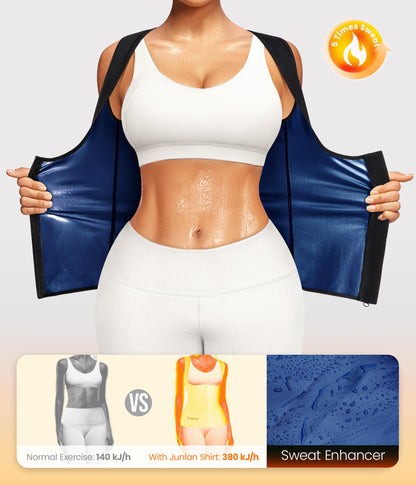 Junlan Sauna Suit for Women Waist Trainer Vest Sweat Tank Top Shaper for Women with Zipper (Blue, X-Large)