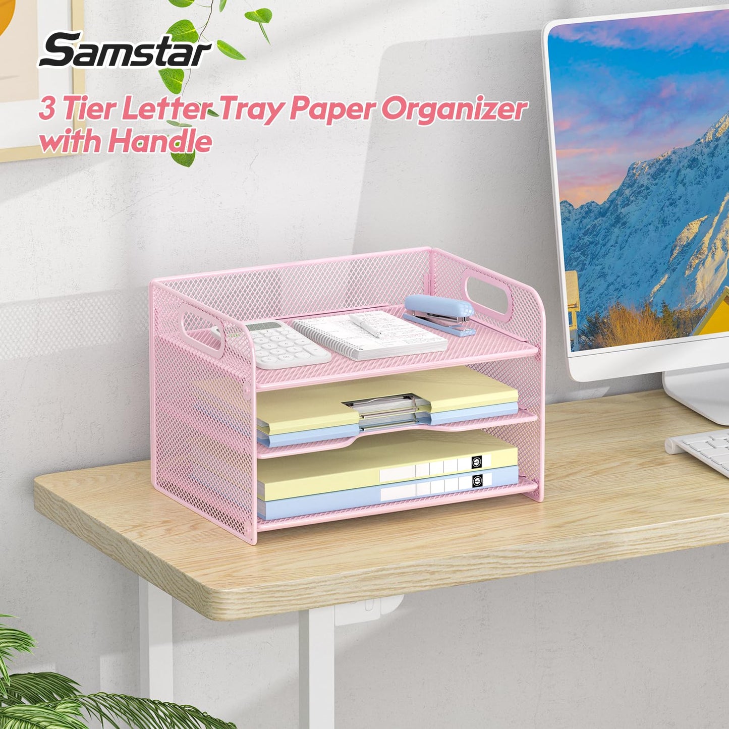Samstar 3 Tier Pink Letter Tray Paper Organizer with Handle, Mesh Desk Organizer Paper Sorter File Rack Shelves, Pink
