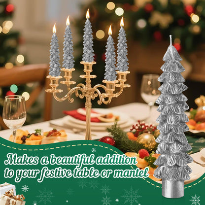 Ceoighe 2 Pack Christmas Tree Candles, 5 Inch Unscented Tree Shaped Taper Beeswax Candles for Christmas Holiday Decor Table Centerpiece Display Party Banquet Gift (Silver)