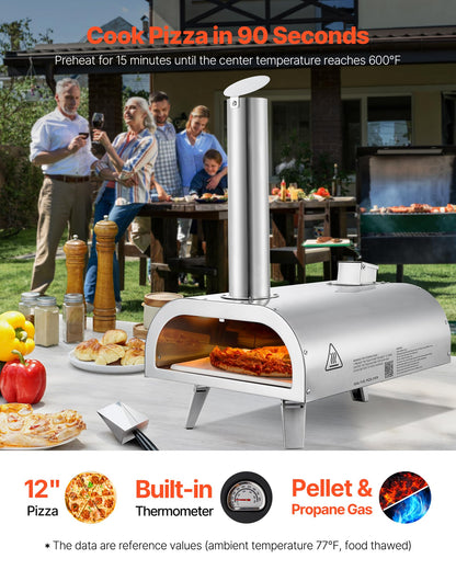 VEVOR Dual Fuel Pizza Oven Outdoor, 12 Inch Wood Fire & Propane Gas Pizza Oven, Pellet & Propane Pizza-Maker with Thermometer, Carry Bag, Stainless Steel Pizza-Cook for Outside Camping & Backyard