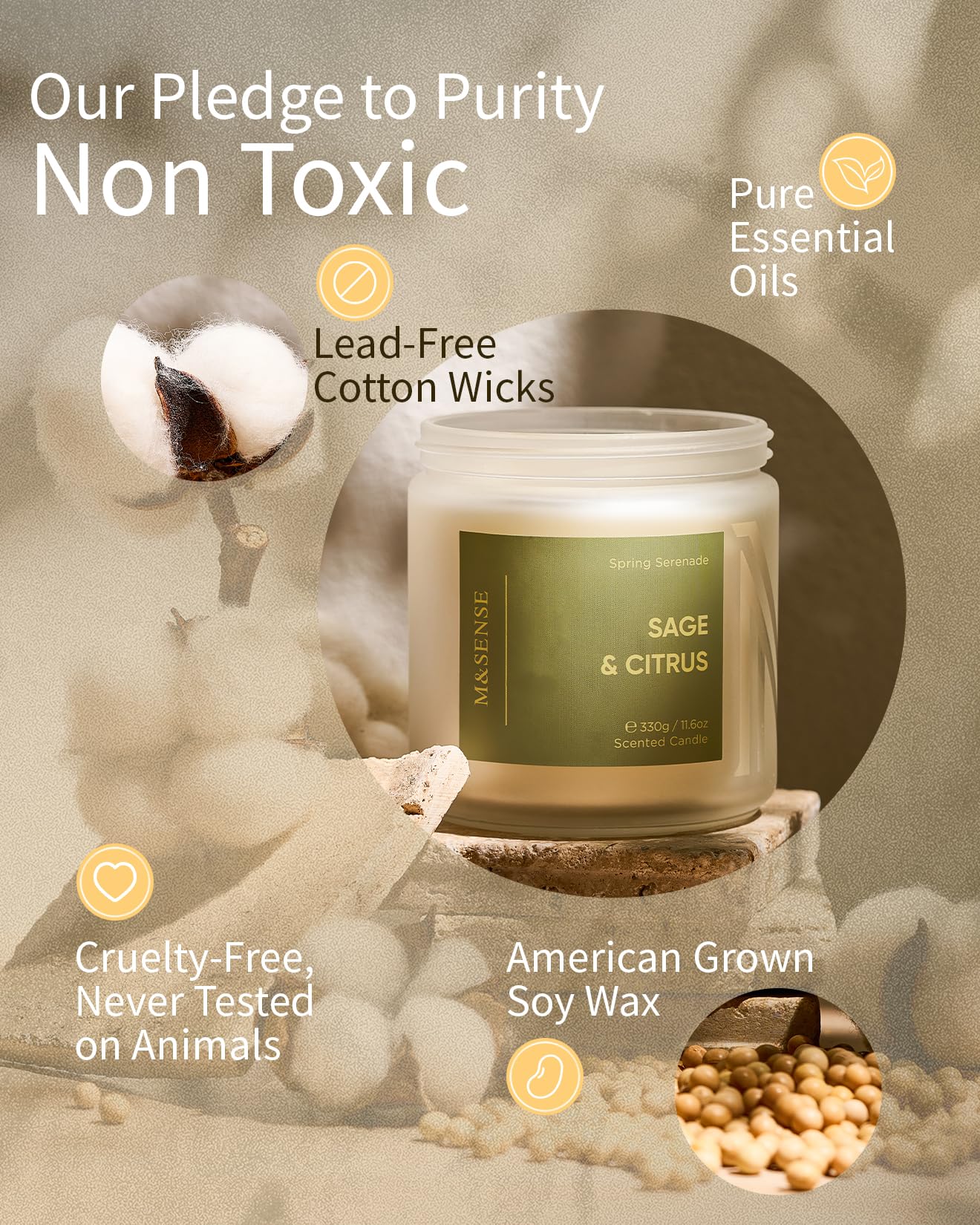 M&SENSE Sage Citrus Candles, 11.6oz Natural Soy Wax, 70 Hours Long Lasting, Non Toxic Clean Burning Candle for Home Scented, Fresh Smelling Aromatherapy 2 Wicks Glass Jar for Meditation Relaxation