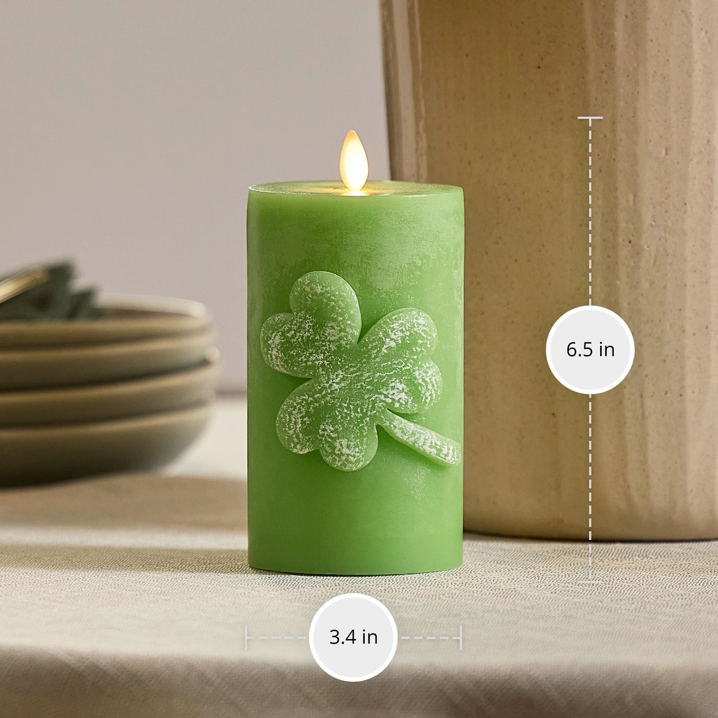 Luminara Lucky Green Shamrock Pillar Candle - Flickering Real-Flame Technology - Flameless LED - Remote Ready - St. Patrick's Day - 3.4" x 6.5"