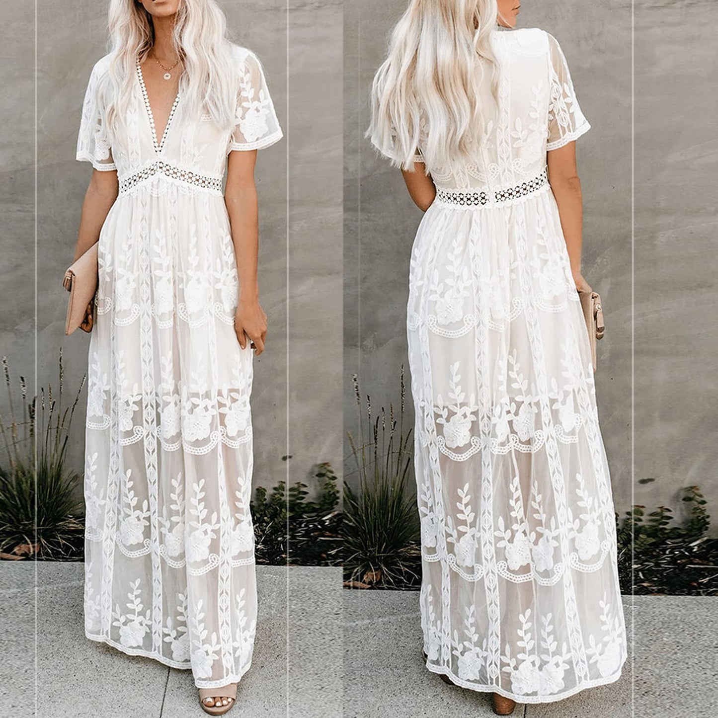 Womens Deep V Neck Short Sleeve Floral Lace Dress Long Bridesmaid Maxi Dresses