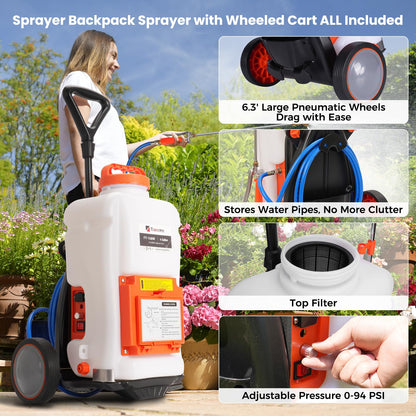 Toovem Battery Powered Backpack Sprayer, 4 Gallon Electric Sprayer with Wheeled Cart, Adjustable 0-94 PSI Backpack Garden Sprayer with 10FT Hose, 6 Nozzles for Lawn, Garden, Yard