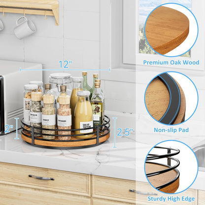 12" Lazy Susan Turntable Organizer - Oak Wood Lazy Susan for Cabinet Kitchen Countertop Dining Table Pantry Cupboard Bathroom Coffee Bar Storage Spice Rack Home Decor