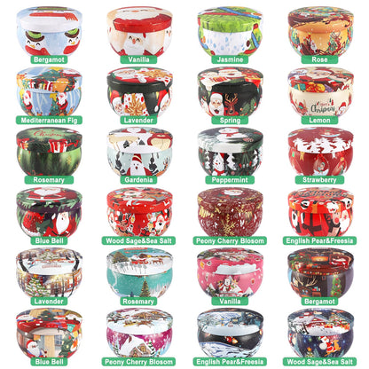 24Pack Christmas Scented Candle Tins Gift Set - Soy Wax Festive Aromatherapy Candles 2.5oz- Smokeless Long Lasting Burn time for Advent & Christmas Gifts Holiday Decor & Gifting.