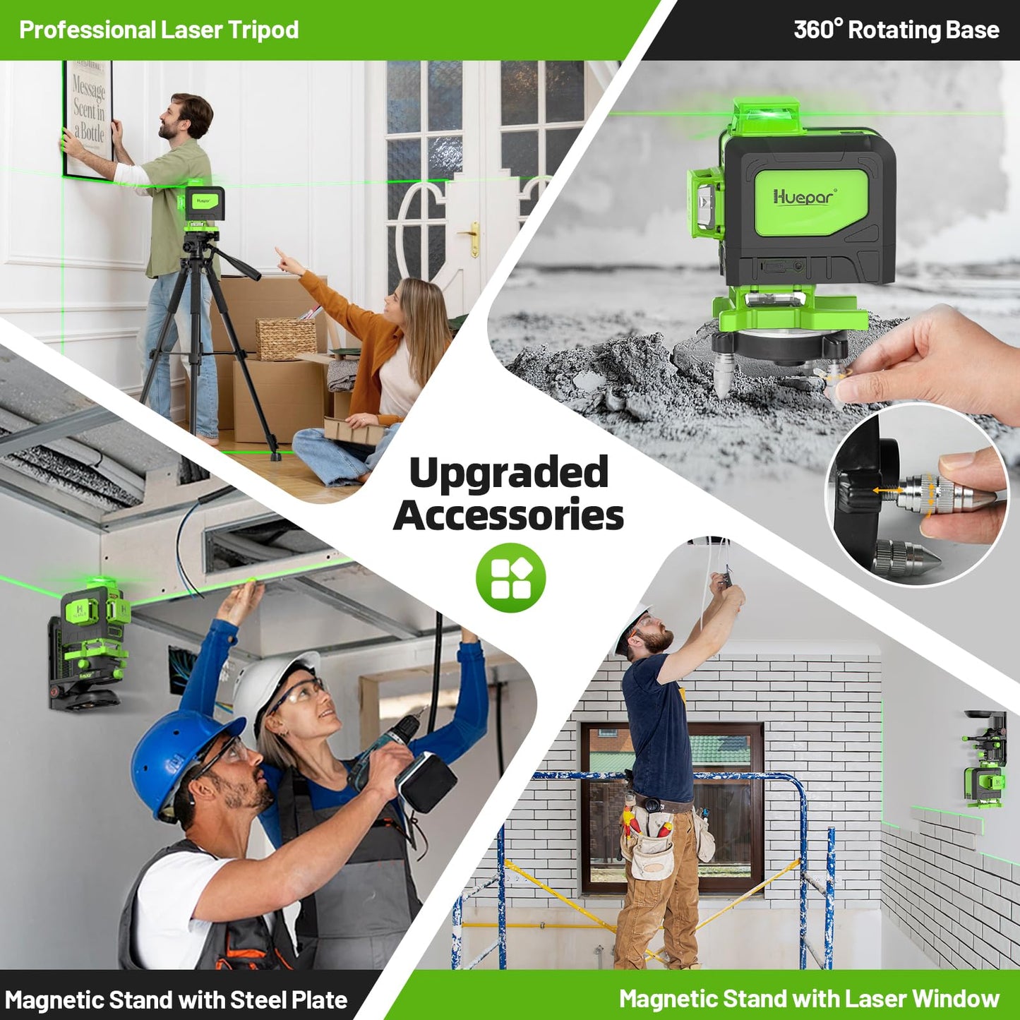 Huepar Laser Level 4x360 Self Leveling with 60" Tall Tripod, 4D Green Cross Line Lazer Leveler Tool with Outdoor Pulse Mode, 16 Lines Great for Tiling, Ceiling, Wall Work & DIY Home Renovation