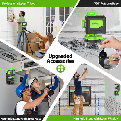 Huepar Laser Level 4x360 Self Leveling with 60" Tall Tripod, 4D Green Cross Line Lazer Leveler Tool with Outdoor Pulse Mode, 16 Lines Great for Tiling, Ceiling, Wall Work & DIY Home Renovation