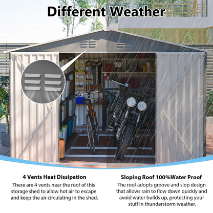10'x14' Galvanized Steel Outdoor Storage Shed with 3 Lockable Hinged Doors & Side Access Door, 4 Top Air Vents & Built-in Raised Floor Frame, Large Garden Tool Shed, Gray