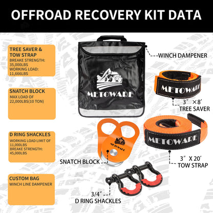 METOWARE Offroad Recovery Kit - 3" x8' Tree Saver, 3" x20' Tow Strap, 10 Ton Heavy Duty Snatch Block Pulley, 2pk 3/4" D Ring Shackles and Winch Line Dampener Bag