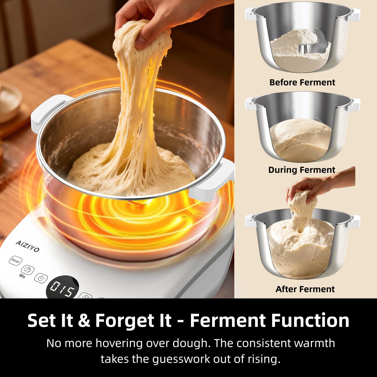 AIZIYO DoughChief, 7.4QT Dough Maker, Dough Mixer with Ferment Function, 304 Stainless Steel Bowl, Removeable lid, Face-up Touch Panel, Electric Dough Proofing Box for Pizza & Bread