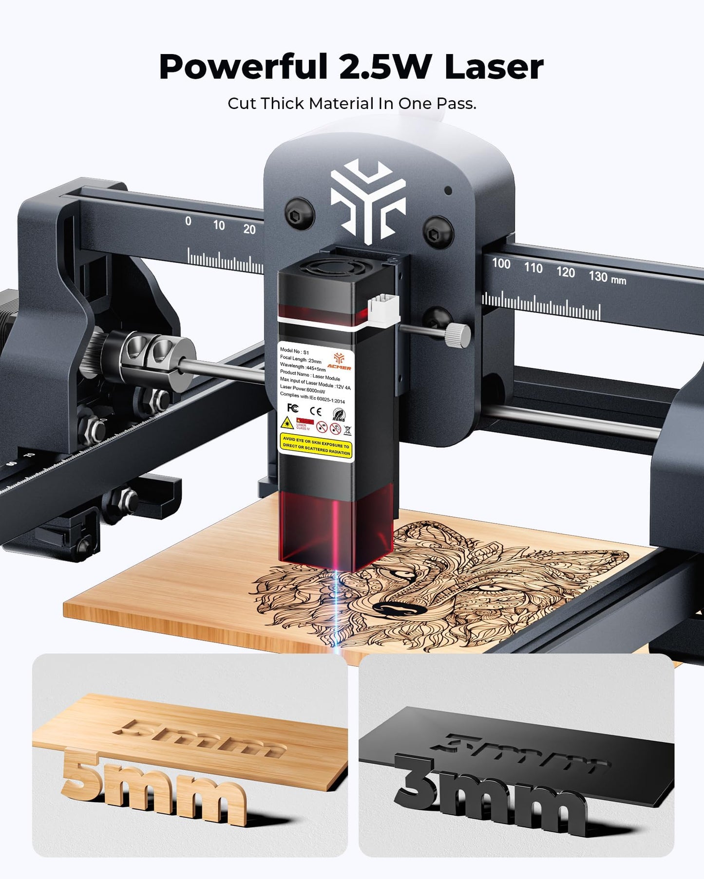 ACMER S1 Laser Engraver 3500mW, Compact Desktop Engraving & Cutting Machine for DIY Crafts, Small Business & Makers, 130x130mm Work Area, 0.04mm Detail Engraving for Wood, Acrylic