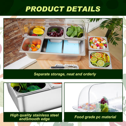 Tessco for you 2 Set Countertop Chiled Ice Food Serving Display Container Stainless Steel Condiment Dispenser with Lid Clamps Spoons Box for Restaurant Kitchen (6 Compartments)