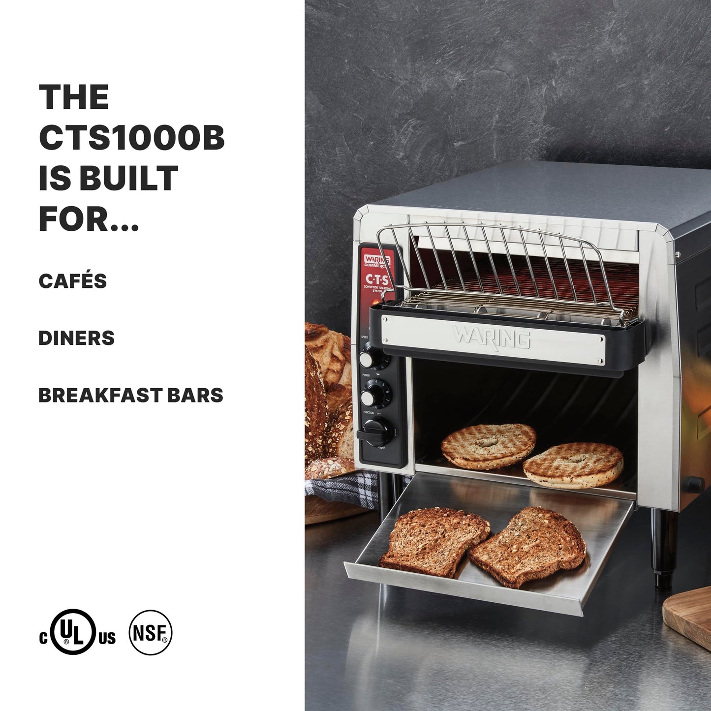 Waring Commercial Heavy-Duty Conveyor Toaster, 1000+ Slices per Hour, Stainless Steel Construction, for Cafes & Restaurants, NSF Certified, 208V, CTS1000B