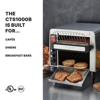 Waring Commercial Heavy-Duty Conveyor Toaster, 1000+ Slices per Hour, Stainless Steel Construction, for Cafes & Restaurants, NSF Certified, 208V, CTS1000B