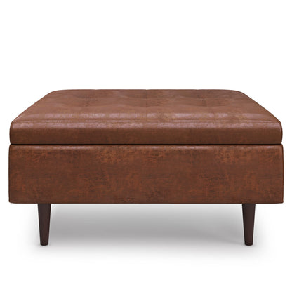 SIMPLIHOME Shay Coffee Table Storage Ottoman - 38 inch Wide Upholstered Vegan Leather Large Square Ottoman in Distressed Saddle Brown, Mid-Century Modern Tufted Ottoman for Living Room with Lift Top