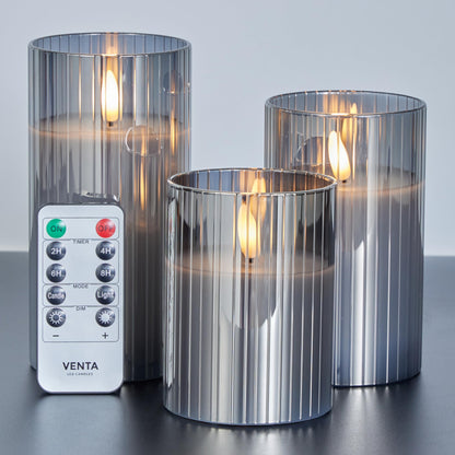 VENTA Flickering Flameless Candles With Remote Control - Led Candles Battery Operated - Battery Operated Candle For Decoration Table, Timer & Dimmer Features, Set - 3Pcs (4",5",6") (Grey Ribbed Glass)