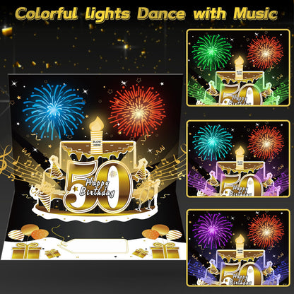 Turypaty 50th Birthday Cards Pop Up 3D Cake - Firework & Music & Blow Out Candle Light Funny Happy 50 Black Gold Birthday Card Gifts for Men, Women, Friends, Boyfriend, Dad, Mom, Husband, Wife