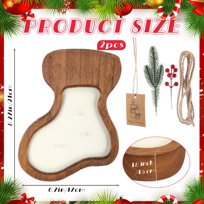 MTLEE 2 Pack Christmas Wood Dough Bowl Candle Socking Wooden Candle Bowl 3 Wick Xmas Farmhouse Decoration with Berries Pine Label for Christmas Table Centerpiece Birthday Gift Home Party Decor