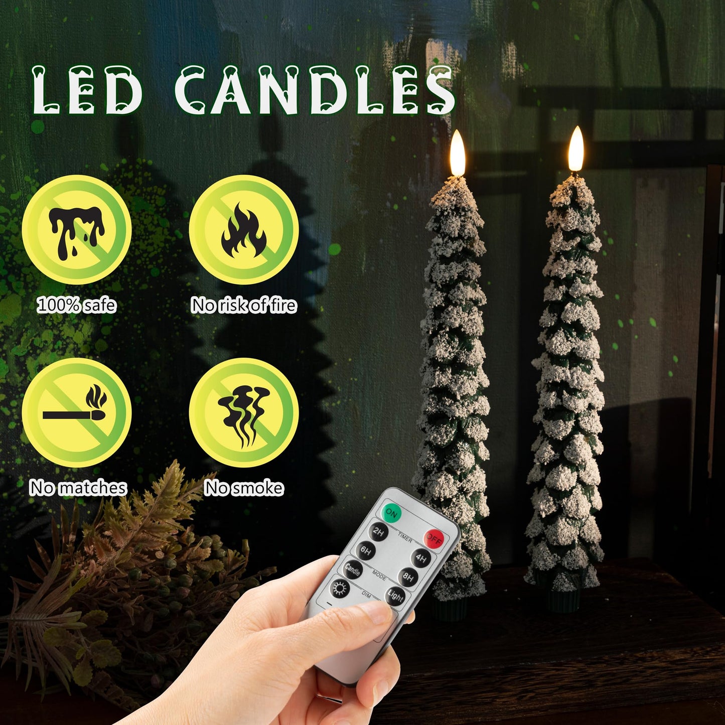 AFINETH Christmas Tree Candles with 3D Wick, 11.4" Green Real Wax Flameless Taper Candles with Remote, Flickering LED Xmas Candlesticks Battery Operated Candle for Home, Party Decor, 2 Pack
