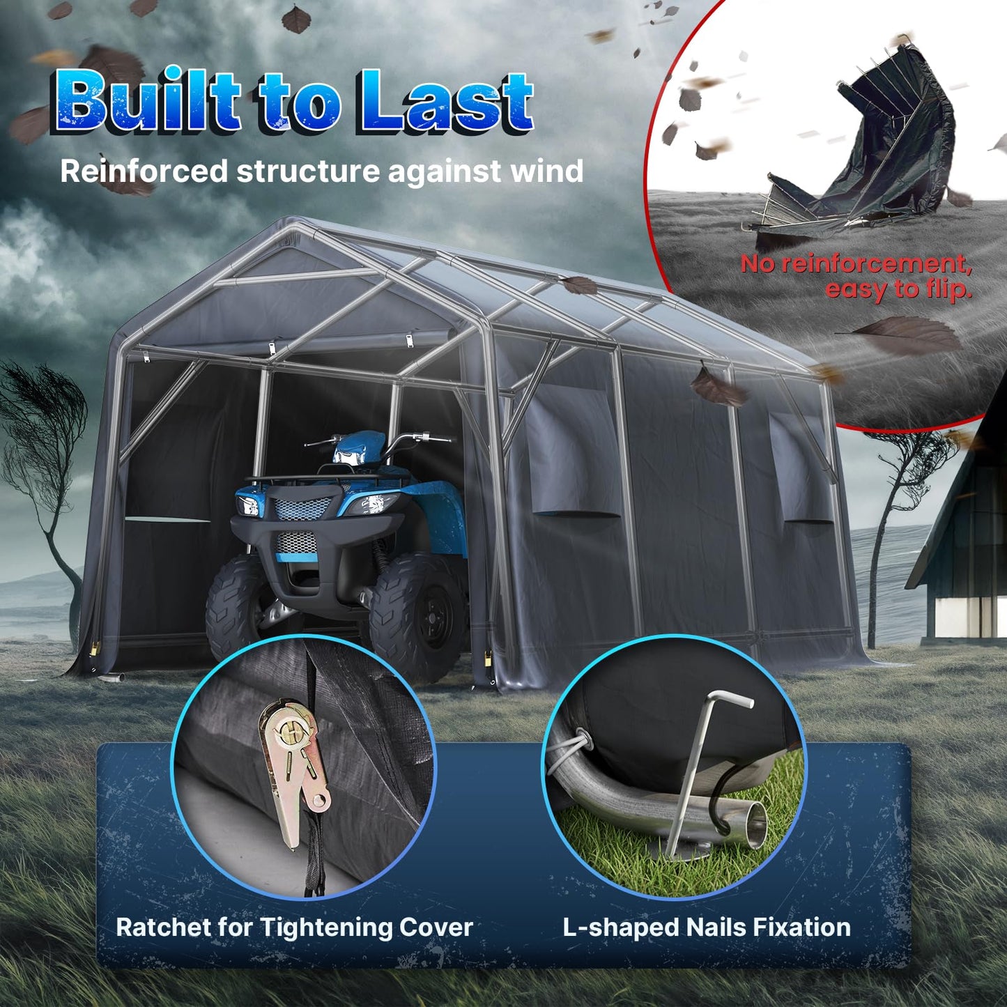 ADVANCE OUTDOOR 10X15 ft Garage Shelter Steel Metal Peak Roof Portable Storage Shed Carport for Motorcycle Boat, or Garden Tools with 2 Roll up Doors & Vents, Gray