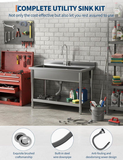 GarveeTech 39.4" Commercial Stainless Steel Utility Sink – Free Standing Single Bowl with Hot/Cold Water Pipe for Kitchen, Laundry Room, Garage, Restaurant | Heavy-Duty Sink Station