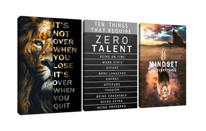 Motivational Canvas Wall Art Lion Inspirational Quote Wall Decor Zero Talent Poster Animal Picture Print Painting Modern Inspiring 3 Panels Artwork for Living Room Office Home Decor [72''Wx 36''H]
