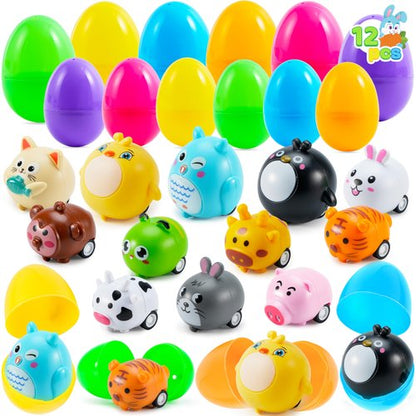 JOYIN 12 Pcs Prefilled Easter Eggs with Toys, Plastic Easter Eggs with Animal Cars for Kids Gift, Basket Stuffers, Classroom Prize Supplies, Party Favors