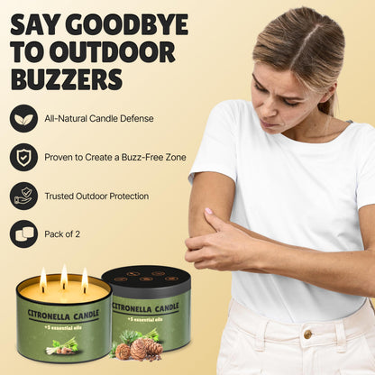 Buzz Defender 2-Pack 14oz Outdoor Citronella Candles | Highly Effective 100% Natural | 64h | Large Citronella Candles Outdoor, Ideal for The Backyard Porch, Patio and Camping | Extra Strong (Regular)