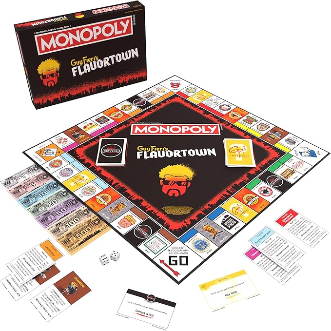 Monopoly: Flavortown Board Game Featuring '68 Chevy Camaro Knuckle Sandwich Coin and More Buy Sell Trade Guy Fieri’s Restaurants Build Your Own Culinary Empire Officially Licensed Merchandise