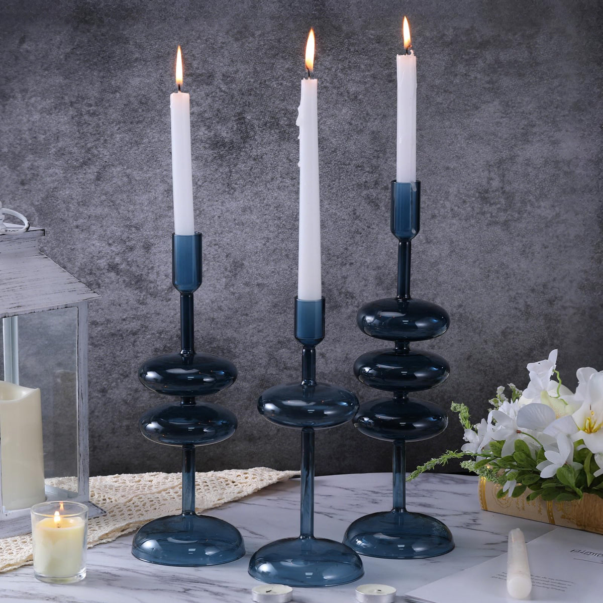 LemonRoad Glass Taper Candle Holders Set of 3, Bubble Candlestick Holders for Table Centerpiece, Elegant Wavy Stacked Geometric Candleholders for Wedding, Dinner, Party, Home Decor(Deep Blue)