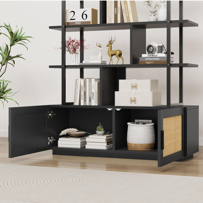 CABIHOME 5 Tier Rattan Bookshelf with Storage Cabinet & Door, 71.1 Inch Tall Industrial Book Shelf with Open Display Shelves, 5 Shelf Bookcase with Metal Frame for Living Room, Bedroom (Black)