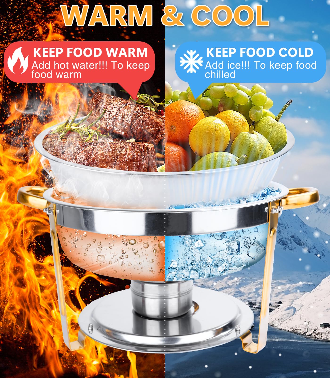 Chafing Dishes for Buffet 4 Pack, 6QT Round Chafing Dish Buffet Set Stainless Steel Buffet Food Warmers Set for Catering Events Party Dinner with Complete Set, Gold and Silver Chafing Dishes for Party