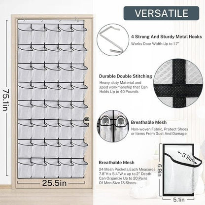 Hualleko Over The Door Shoe Organizer - Large Capacity Mesh Pocket Rack for 20 Pairs (White)