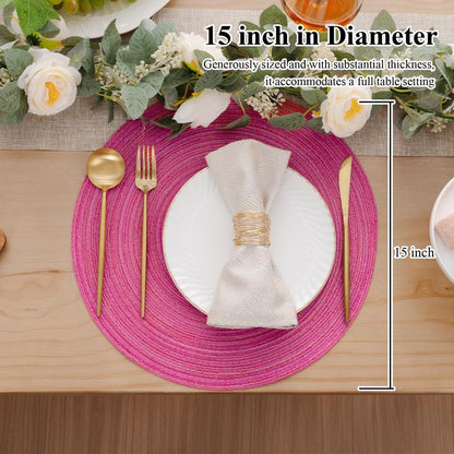 SHACOS Round Braided Placemats Set of 6 Cotton Round Place Mats 15 inch Washable Table Mats for Dining Table Holiday Party (Hot Pink, 6)