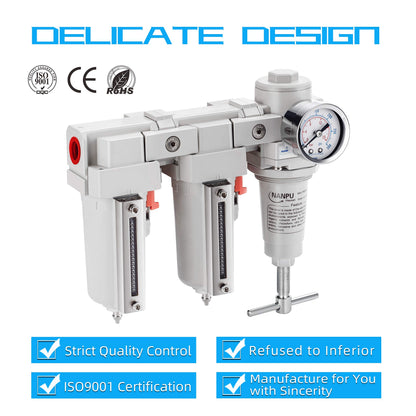NANPU 3/8" NPT T-Handle High Pressure Air Drying System - Double 5 Micron Particulate Filter & Air Pressure Regulator Piston Combo, Semi-Auto Drain＆Gauge
