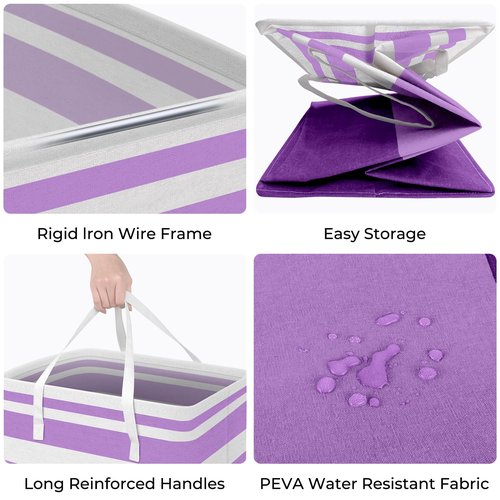 HomeHacks 2 Pack Large Laundry Baskets, Waterproof, Freestanding Laundry Hampers, Collapsible Clothes Hamper with Reinforced Handles in Laundry, College Dorm, Bathroom, Bedroom (Purple, 100Lx2)
