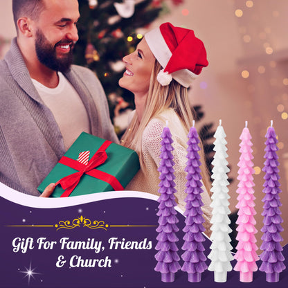 Enhon 5 Pcs Advent Candles Set, 10 Inch Tree Shaped Taper Candles, Unscented Beeswax Christmas Advent Wreath Candle for Xmas, Holiday, Church, Party, or Home Decor (Purple,Pink,White Style)