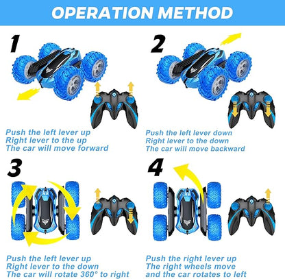 KKONES Remote Control Car 2.4GHz Double Sided 360° Flips Rotating Electric Race RC Stunt Car LED Wheel &amp Headlight High Speed Off Road Cars Toy Gift for 3 4 5 6 7 8-12 Year Old Boy Toys (Blue)