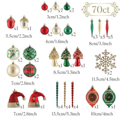 Valery Madelyn Ornaments for Christmas Trees, 70ct Red Green and Gold Shatterproof Christmas Tree Decorations, Traditional Country Hanging Ball Ornaments Bulk for Xmas Holiday Decor