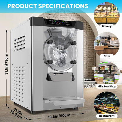 Patikuin 2000W Commercial Ice Cream Maker - Single Flavor Countertop Gelato Machine with LCD Touchscreen - 4.8-6.3 Gal/Hr Output - Automatic Cleaning - High Productivity for Snack Bars & Restaurants