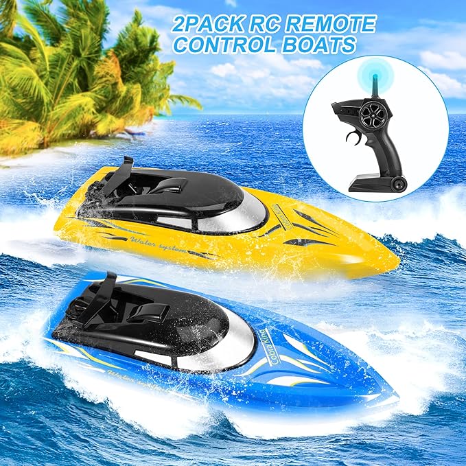 2PACK RC BoatRemote Control Boats for Kids and Adults10km/H 2.4G High Speed Remote Control BoatFast RC Boats for Pools and Lakes with 4 Rechargeable Battery.(Blue+Yellow)