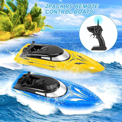 2PACK RC BoatRemote Control Boats for Kids and Adults10km/H 2.4G High Speed Remote Control BoatFast RC Boats for Pools and Lakes with 4 Rechargeable Battery.(Blue+Yellow)
