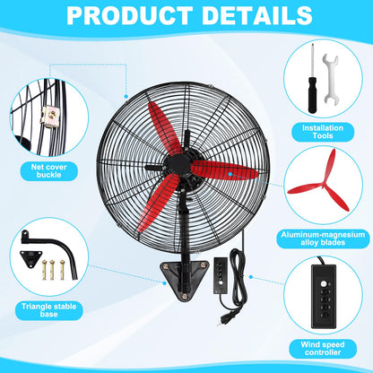 Aurelema 2 Set 22 Inch Wall Mount Fan Oscillating Industrial Heavy Duty Metal 3 Speed Red Blade Fan, 7500 CFM, with Powerful Cooling, for Commercial Residential Garage Warehouse Workshops Factory