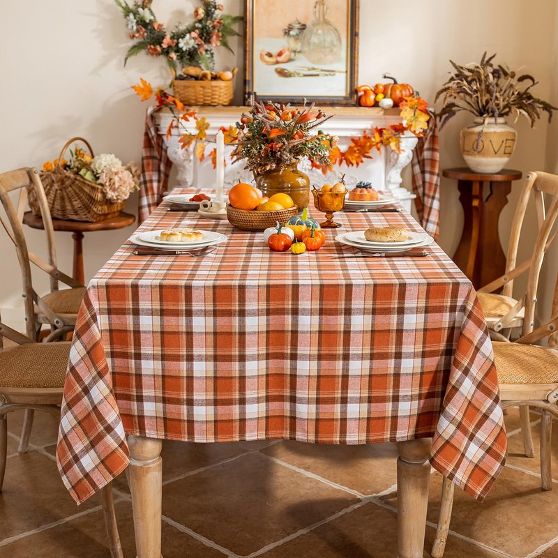 Joyfol Day 55x102 Inch Thanksgiving Tablecloth - Rust Tartan Rectangle Table Cover, Washable Fall Decor for Holiday Parties (Kitchen/Dining)