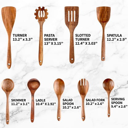 Zulay Kitchen 9-Piece Teak Wooden Utensil Set - Natural Non-Stick Cooking Tools in Premium Gift Box