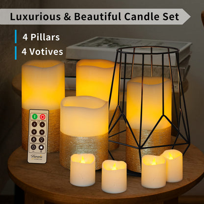 FURORA LIGHTING Gold Trim Flameless Candles - Real Wax, Adjustable Brightness, Remote & Timer - 4 Pillars (3x4, 3x6) and 4 Votives, 8-Pack, Battery Operated
