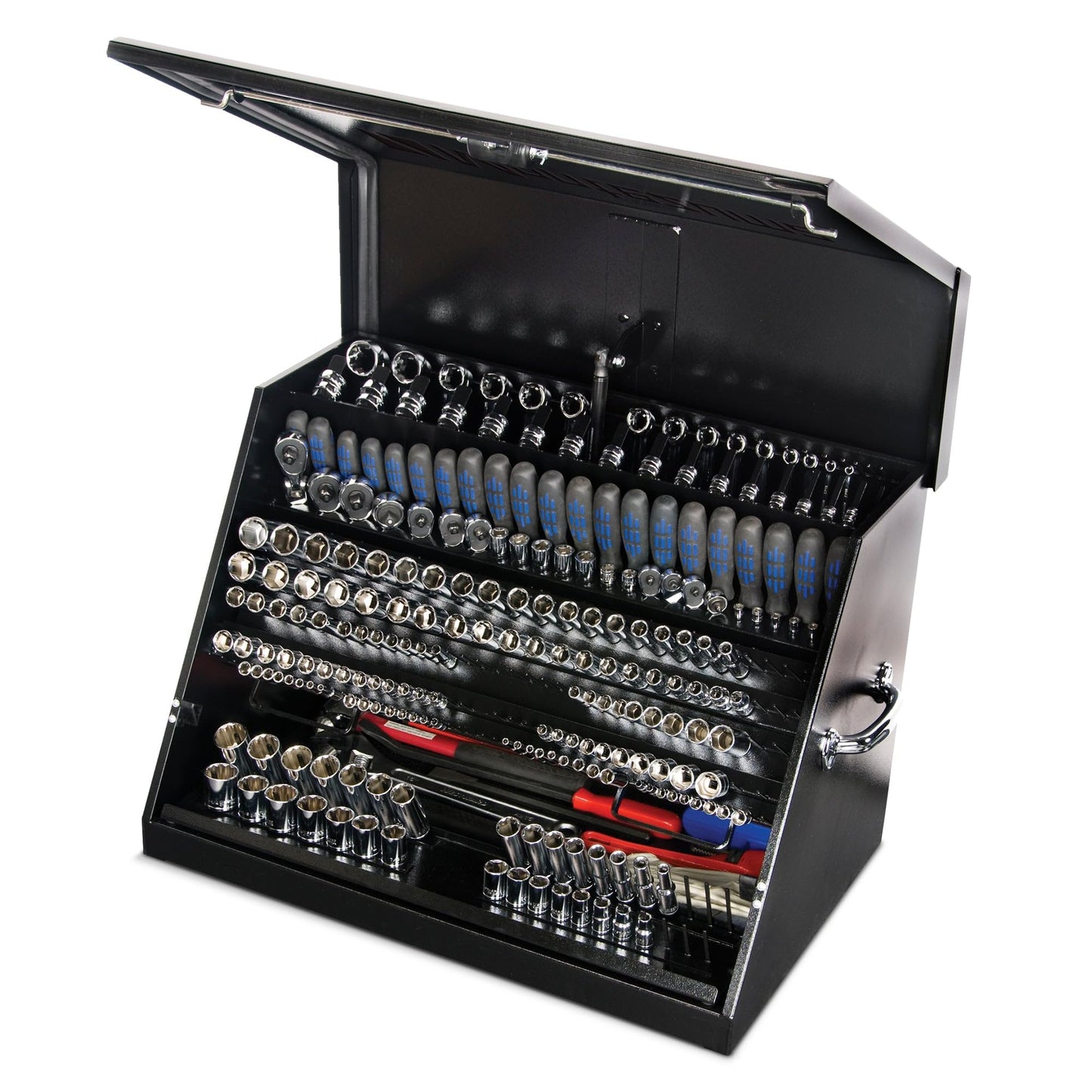 Montezuma – LA400B – 30-Inch Portable TRIANGLE Toolbox – Multi-Tier Design – 16-Gauge Construction – SAE and Metric Tool Chest – Weather-Resistant Toolbox – Lock and Latching System